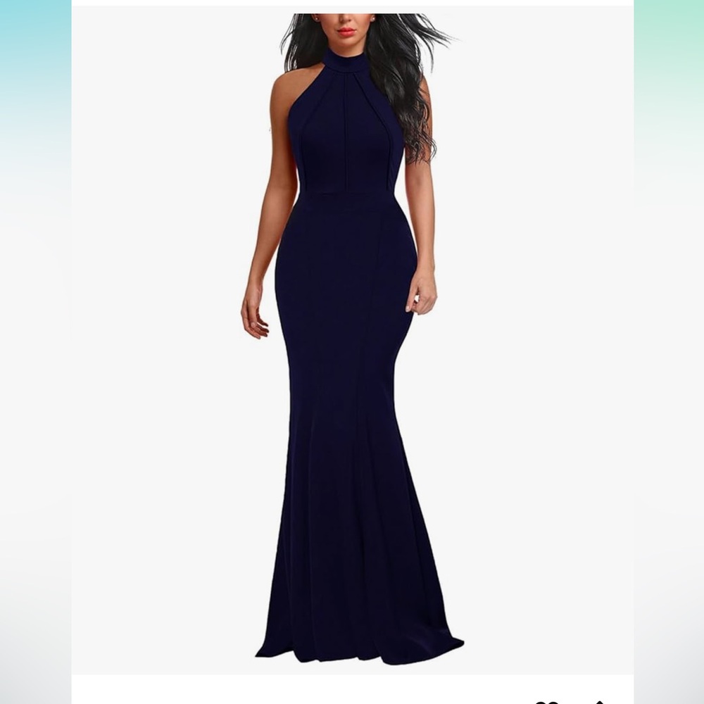 Elegant Navy Blue halter fitting Evening Gown - Picture 1 of 5